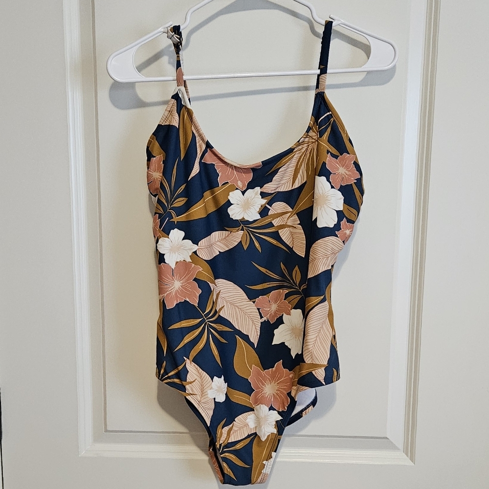 Kona Sol Teal Brown Floral Tropical One Piece Swimsuit Size Large